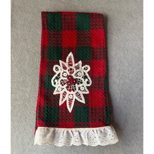 Red & Green Tea Towel Battenburg Lace & Buttons Embellishment 30.5x20 Gift NWOT